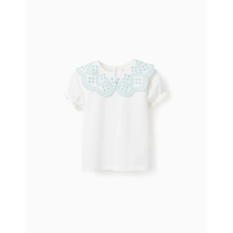 T-shirt with English Embroidery Collar for Girls, White/Aqua Green