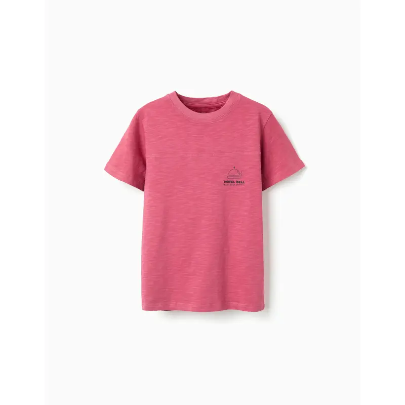 Cotton T-shirt with 'Hotel Bell' Print for Boys, Dark Pink