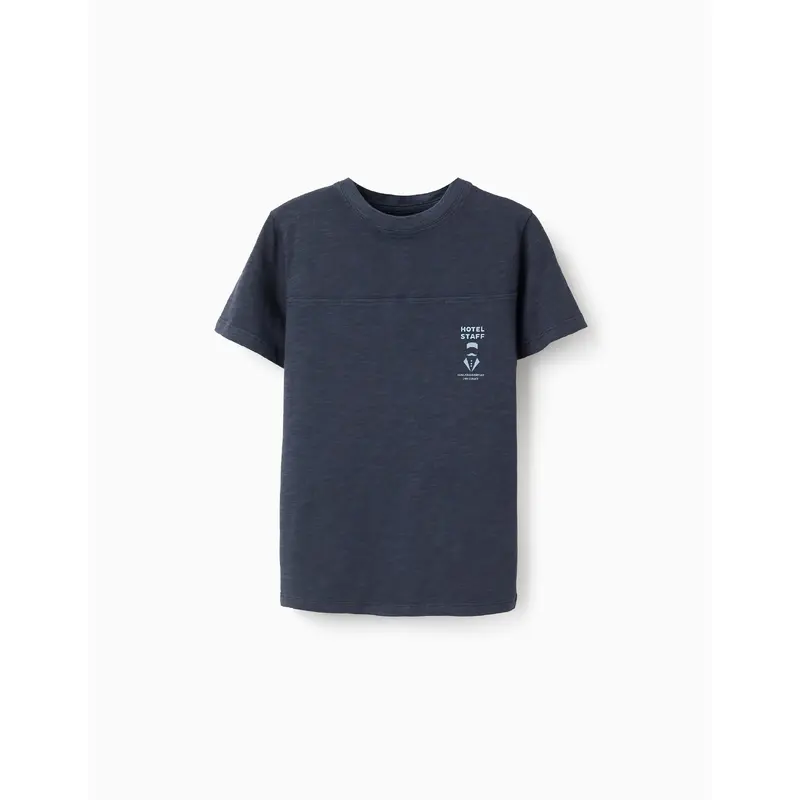 Cotton T-shirt with 'Hotel Staff' Print for Boys, Dark Blue