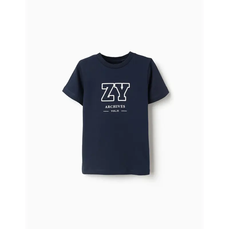 Cotton T-shirt with ZY Front Print for Boys, Dark Blue