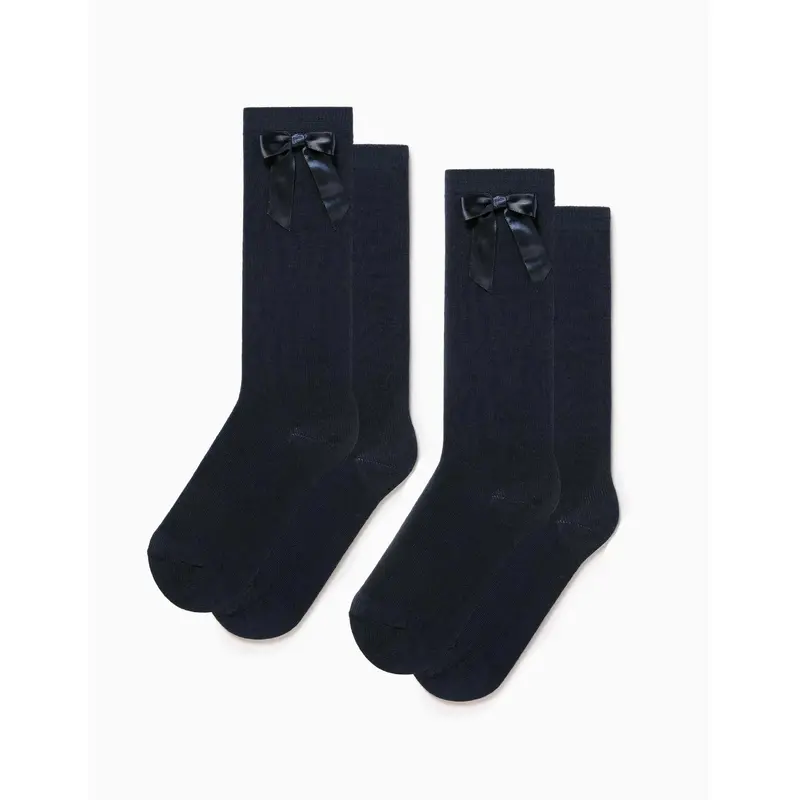 Pack of 2 knee-high socks with bow for girls, dark blue