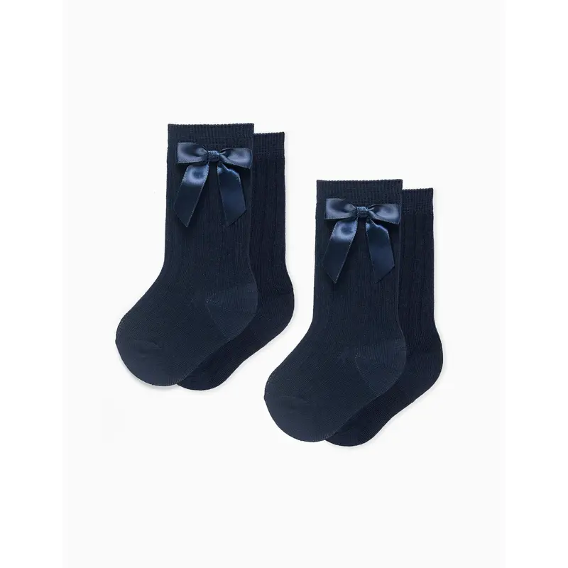 Pack of 2 ribbed knee-high socks with bow for baby girls, dark blue