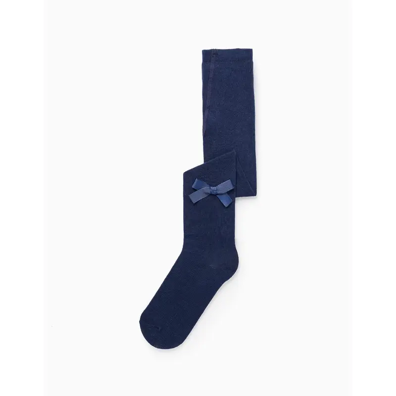 Plain Tights with Bow for Girls, Dark Blue