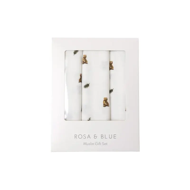 Rosa & Blue Muslin Squares  - Brown Bear - 3 Pack