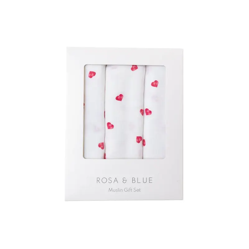 Rosa & Blue Muslin Squares - Heart - 3 Pack