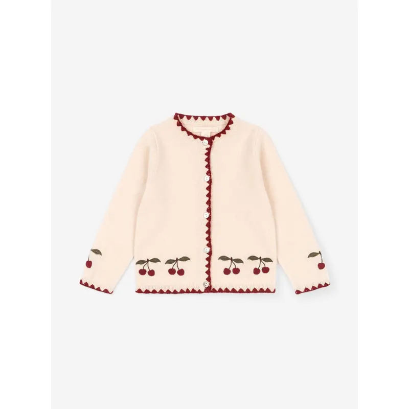 Konges Sljd Girls Cherry Knitted Wool Collette Cardigan in Ivory