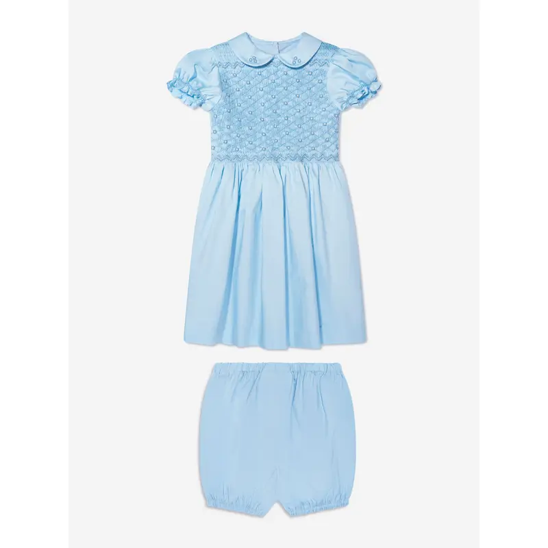 Rachel Riley Baby Girls Rose Smocked Dress And Bloomers in Blue