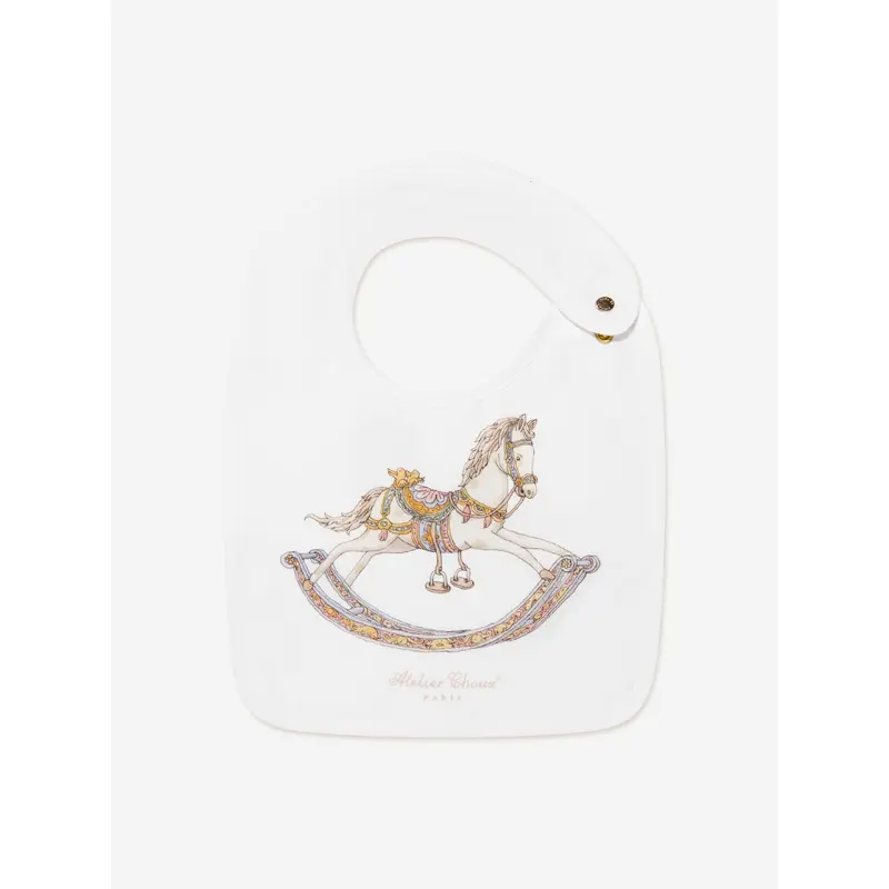 Atelier Choux Baby Rocking Horse Satin Bib in White