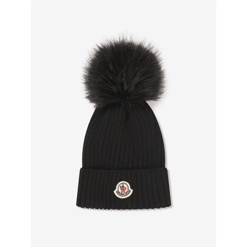 Moncler Enfant Girls Logo Pom Pom Hat in Black