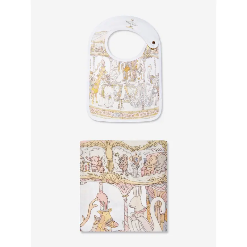 Atelier Choux Baby Girls Carousel Swaddle And Satin Bib Gift Set in Pink