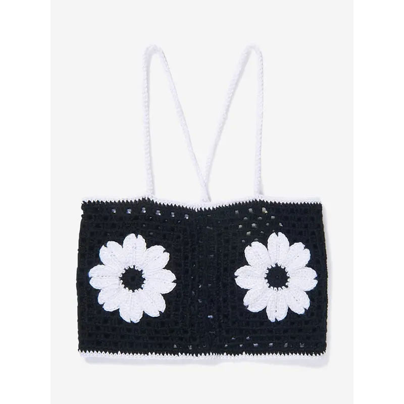 Nessi Byrd Girls Crochet Flower Elvira Crop Top in Black