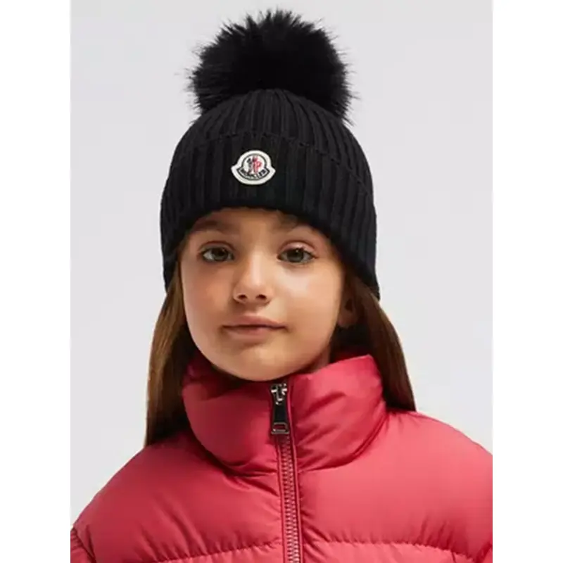 Moncler Enfant Girls Wool Pom Pom Hat in Black