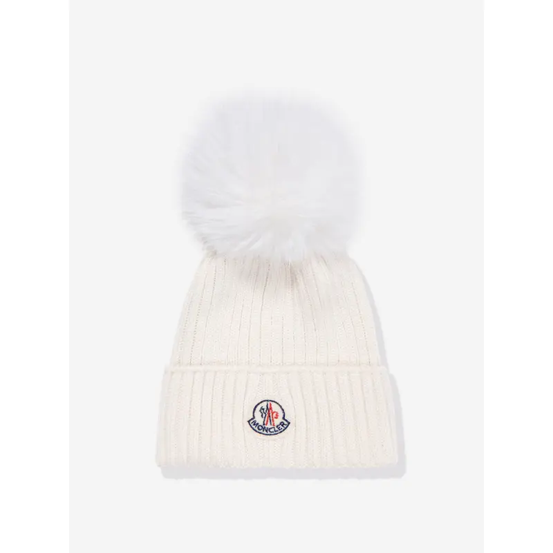 Moncler Enfant Girls Wool Pom Pom Hat in Ivory