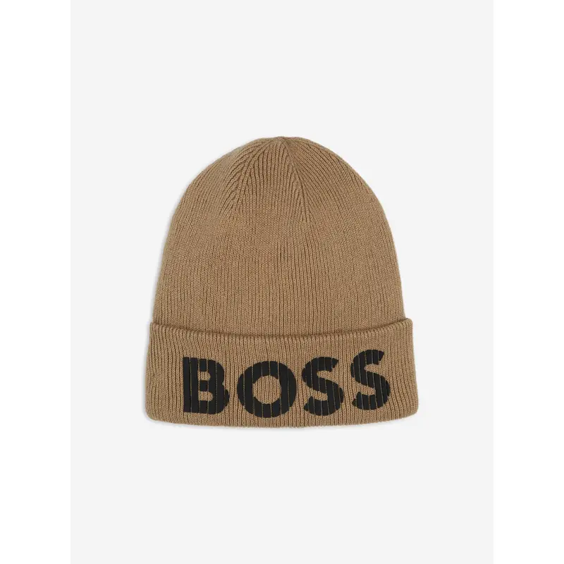 BOSS Boys Knitted Logo Beanie Hat in Brown