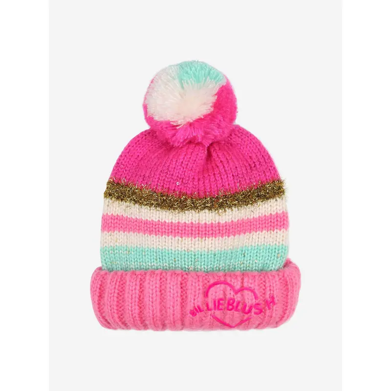 Billieblush Girls Striped Sequin Bobble Hat in Pink