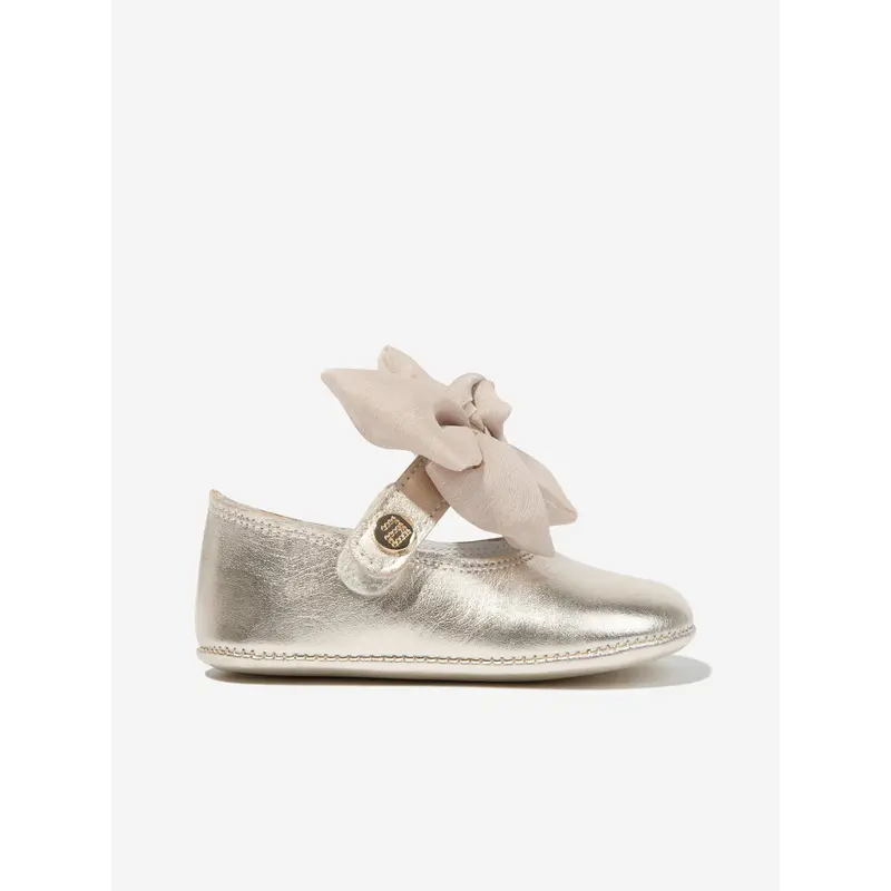 Andanines Baby Girls Leather Bow Shoes in Gold