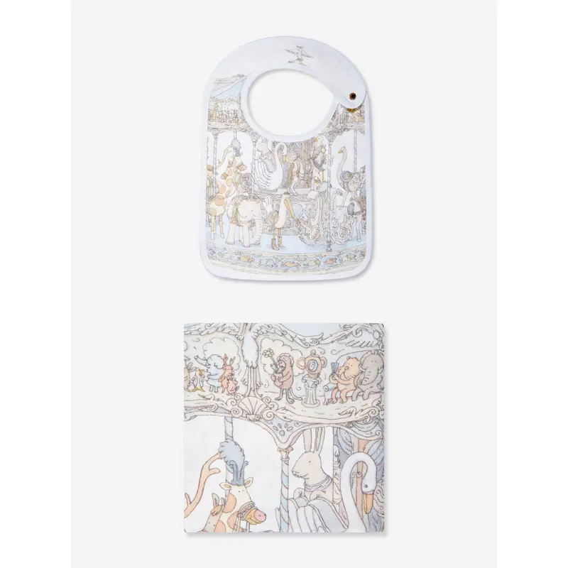 Atelier Choux Baby Boys Carousel Swaddle And Satin Bib Gift Set in Blue