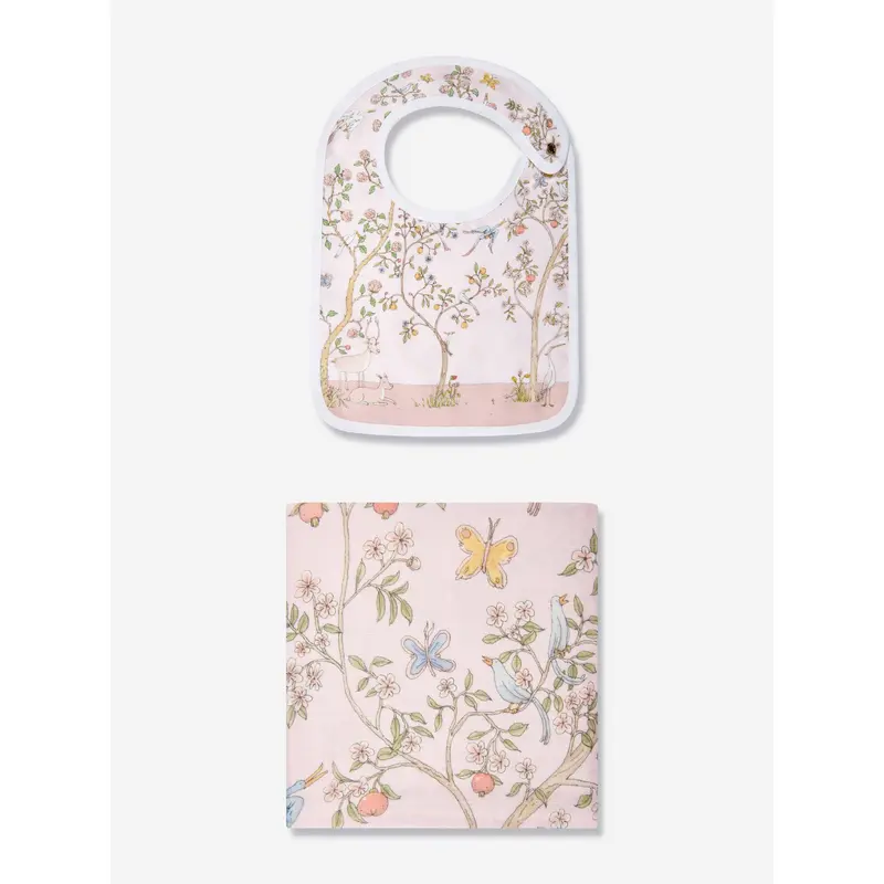 Atelier Choux Baby Girls In Bloom Swaddle And Satin Bib Gift Set in Pink