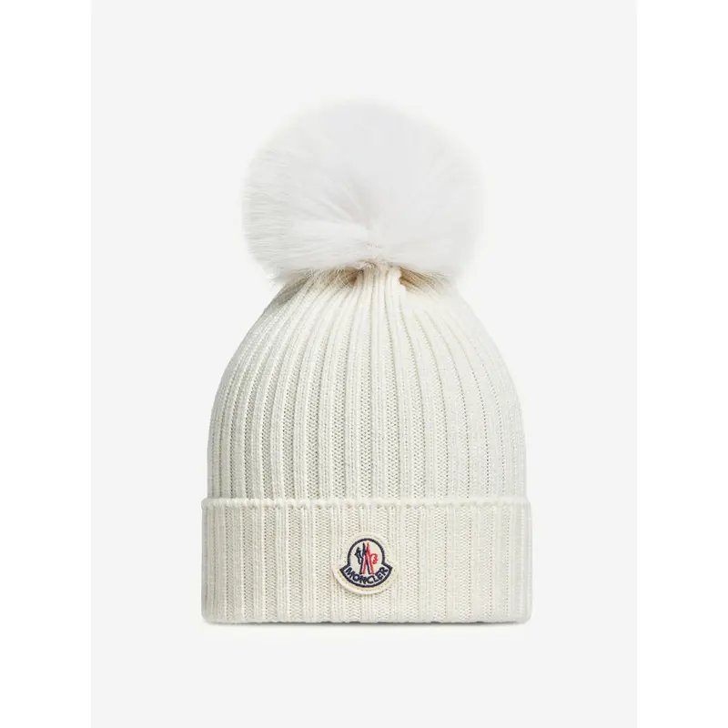 Moncler Enfant Girls Knitted Pom Pom Hat in Ivory