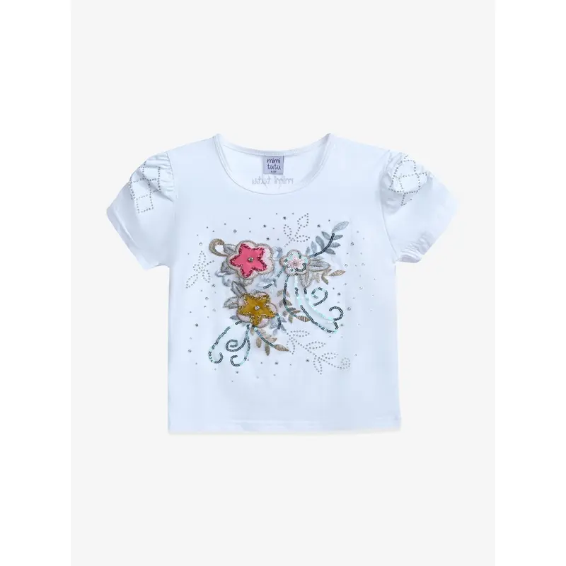 White Flowers Applique T-Shirt