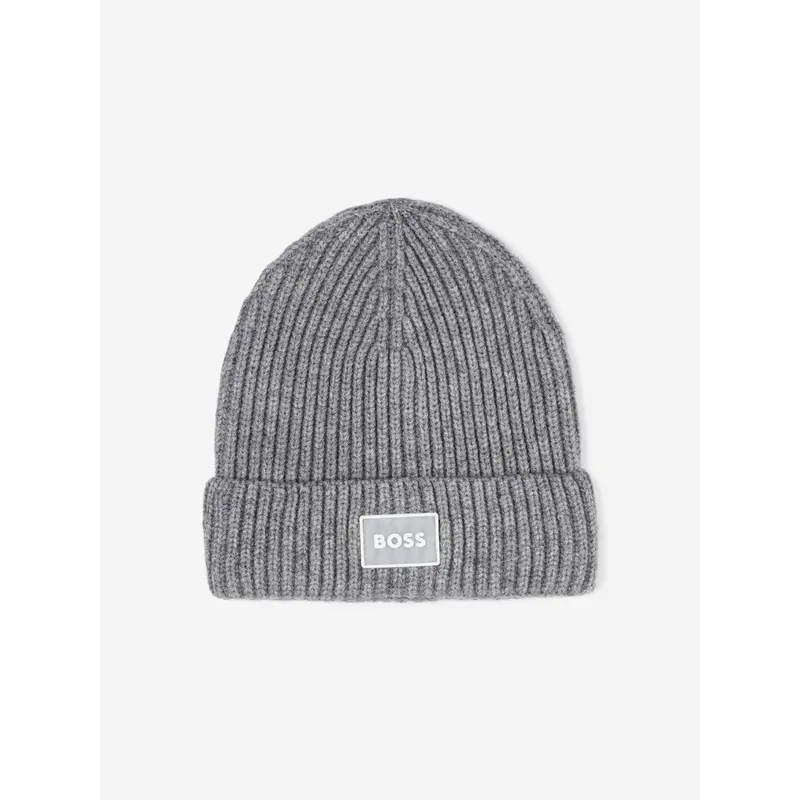 BOSS Boys Logo Knitted Beanie Hat in Grey