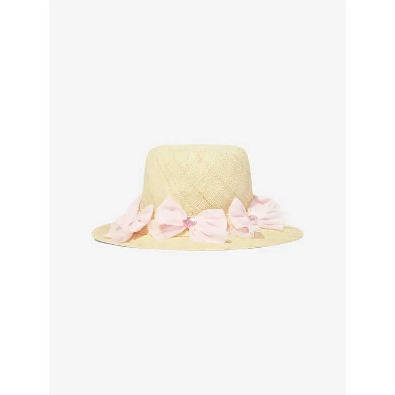 Selini Action Girls Tulle Bows Straw Hat in Beige