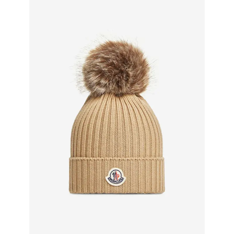 Moncler Enfant Girls Knitted Pom Pom Hat in Beige
