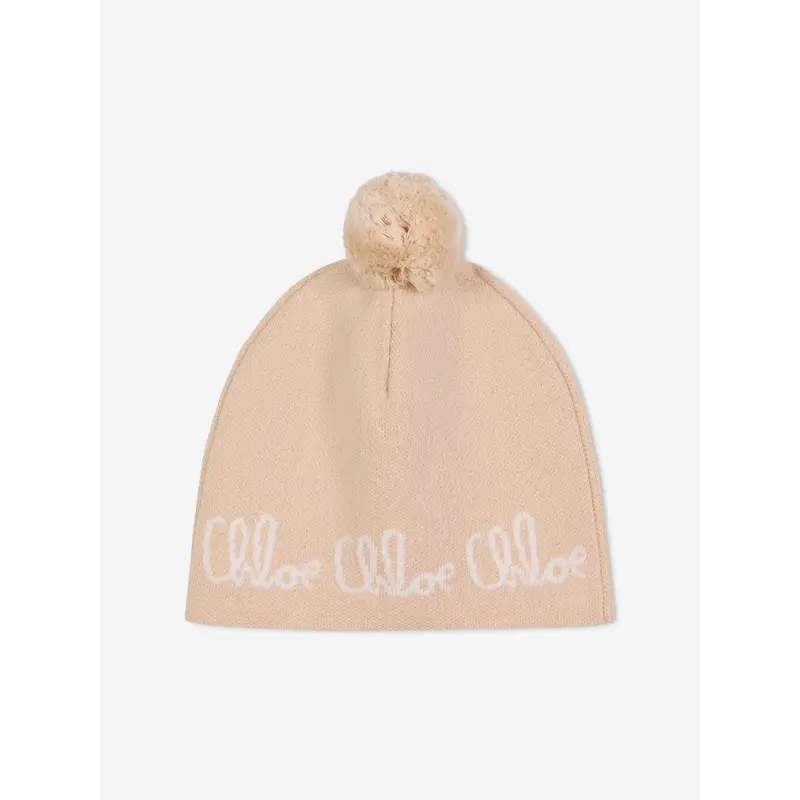 Chlo Girls Jacquard Logo Knitted Hat in Beige