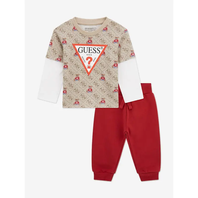 Guess Baby Boys Long Sleeve T-Shirt and Joggers Set in Beige