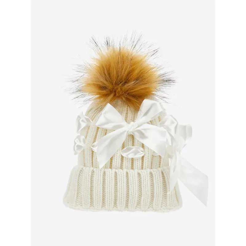 Monnalisa Girls Bow Knitted Pom Pom Hat in Ivory