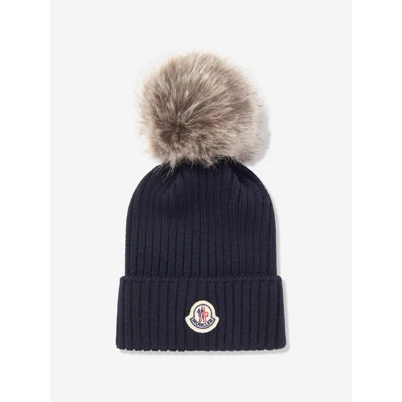 Moncler Enfant Girls Knitted Pom Pom Hat in Navy