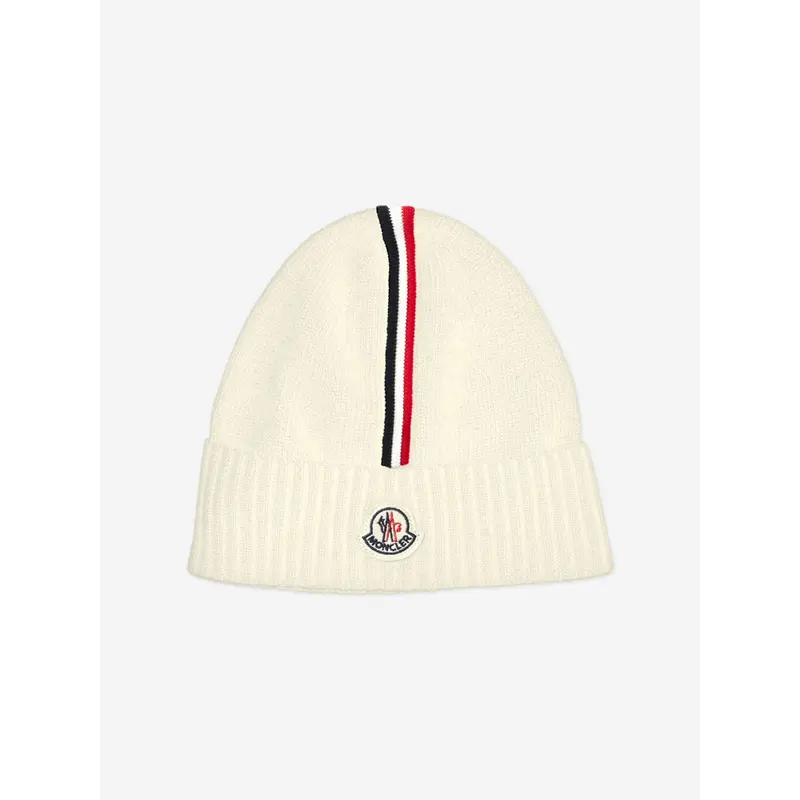 Moncler Enfant Kids Logo Beanie Hat in Ivory