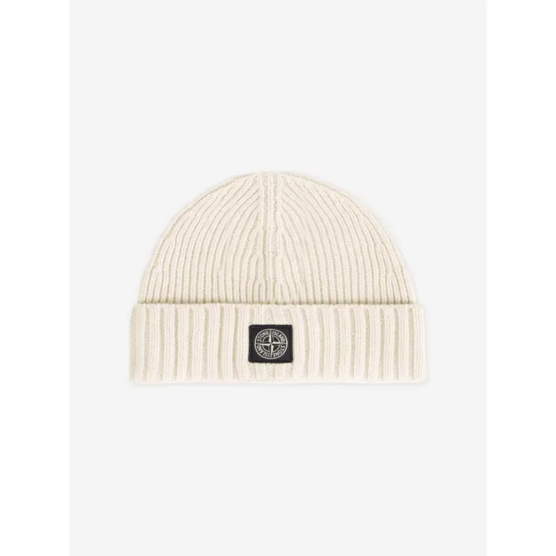 Stone Island Boys Wool Knitted Logo Beanie in Ivory